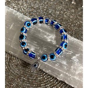 Evil Eye Mal de Ojo Hamsa Charm Blue Bling Bracelet 10mm Stretch